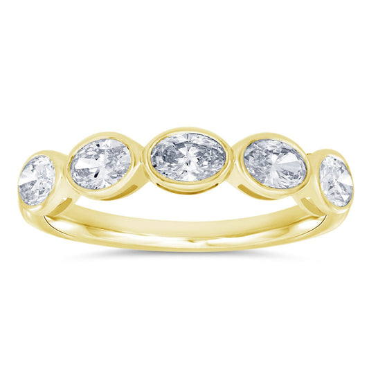 This Fashion Ring is available in 14K Yellow Gold. There are a total of 5 stones. There are Oval with a total carat weight of 0.46 set in a Bezel Set setting.