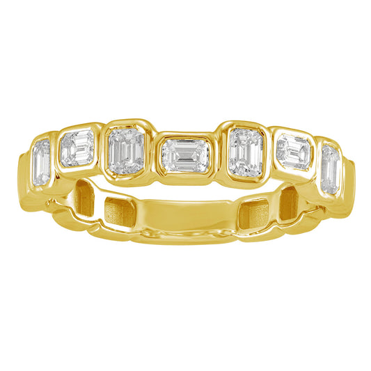This Fashion Ring is available in 14K Yellow Gold. There are a total of 7 stones. There are Emerald Cut with a total carat weight of 0.64 set in a Bezel Set setting.