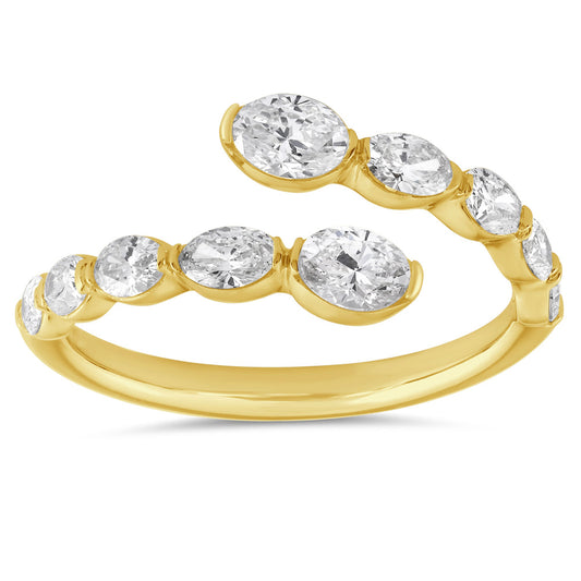 This Fashion Ring is available in 14K Yellow Gold. There are a total of 10 stones. There are Oval with a total carat weight of 1.04 set in a Shared Prongs setting.