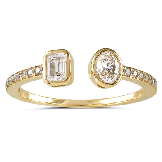 This Fashion Ring is available in 14K Yellow Gold. There are a total of 18 stones. There are Emerald Cut with a total carat weight of 0.2 set in a Bezel Set setting.There are Oval stones with a total carat weight of 0.2 set in a Bezel Set.