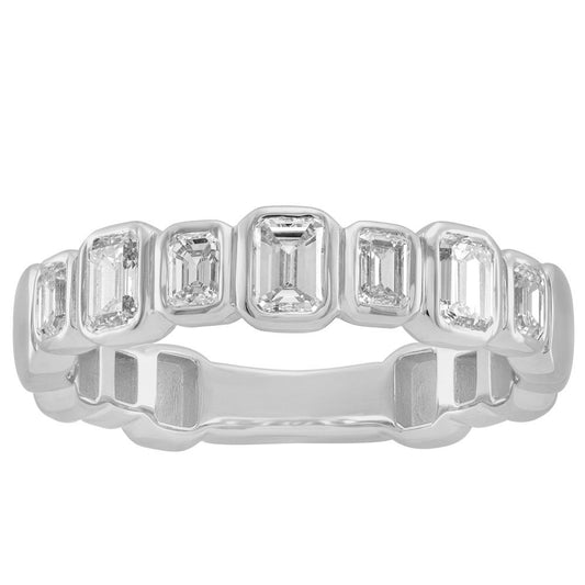 This Fashion Ring is available in 14K White Gold. There are a total of 7 stones. There are Emerald Cut with a total carat weight of 0.81 set in a Bezel Set setting.