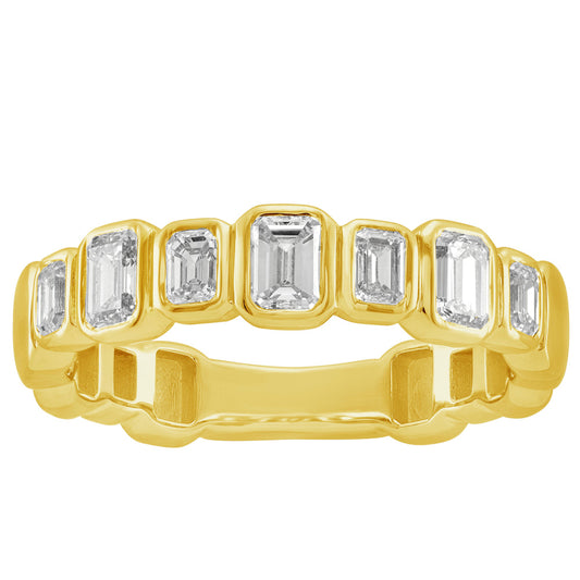 This Fashion Ring is available in 14K Yellow Gold. There are a total of 7 stones. There are Emerald Cut with a total carat weight of 0.81 set in a Bezel Set setting.