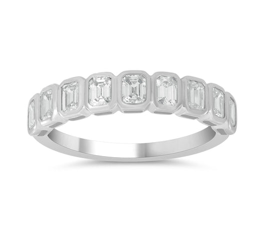 This Fashion Ring is available in 14K White Gold. There are a total of 9 stones. There are Emerald Cut with a total carat weight of 0.8 set in a Bezel Set setting.