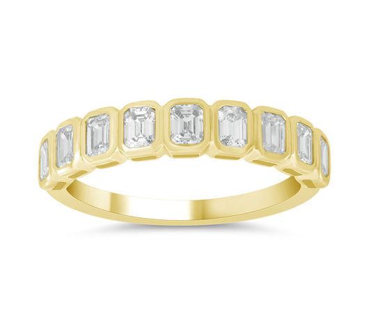 This Fashion Ring is available in 14K Yellow Gold. There are a total of 9 stones. There are Emerald Cut with a total carat weight of 0.8 set in a Bezel Set setting.