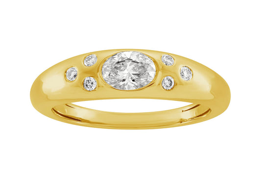 This Fashion Ring is available in 14K Yellow Gold. There are a total of 7 stones. There are Oval with a total carat weight of 0.43 set in a Bezel Set setting.There are Rounds stones with a total carat weight of 0.09 set in a Bezel Set.