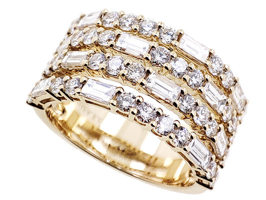 This Fashion Ring is available in 14K Yellow Gold. There are a total of 50 stones. There are Baguette with a total carat weight of 1.18 set in a Prong Set setting.There are Rounds stones with a total carat weight of 1.27 set in a Prong Set.