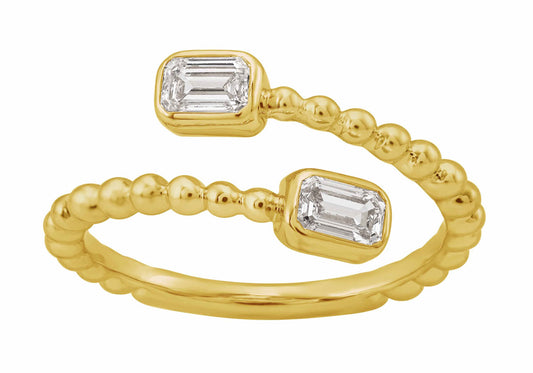 This Fashion Ring is available in 14K Yellow Gold. There are a total of 2 stones. There are Emerald Cut with a total carat weight of 0.41 set in a Bezel Set setting.