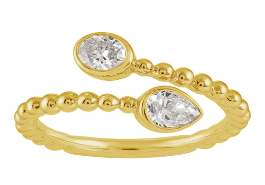 This Fashion Ring is available in 14K Yellow Gold. There are a total of 2 stones. There are Oval with a total carat weight of 0.21 set in a Bezel Set setting.There are Pear Shape stones with a total carat weight of 0.2 set in a Bezel Set.