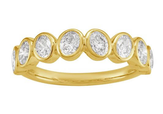 This Fashion Ring is available in 14K Yellow Gold. There are a total of 8 stones. There are Oval with a total carat weight of 1.08 set in a Bezel Set setting.