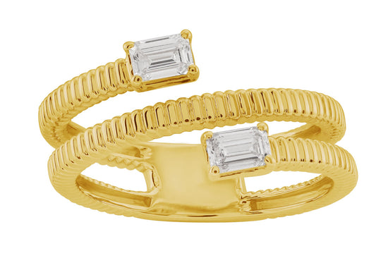This Fashion Ring is available in 14K Yellow Gold. There are a total of 2 stones. There are Emerald Cut with a total carat weight of 0.42 set in a Prong Set setting.