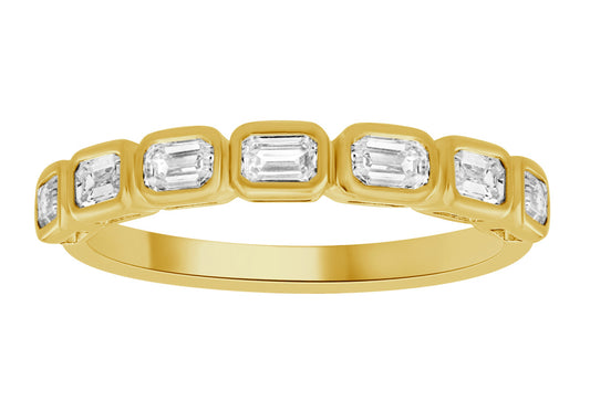 This Fashion Ring is available in 14K Yellow Gold. There are a total of 7 stones. There are Emerald Cut with a total carat weight of 0.69 set in a Bezel Set setting.