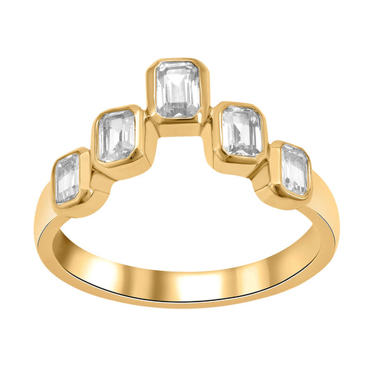 This Fashion Ring is available in 14K Yellow Gold. There are a total of 5 stones. There are Emerald Cut with a total carat weight of 0.9 set in a Bezel Set setting.