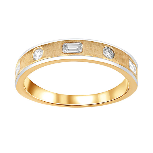 This Fashion Ring is available in 14K Yellow & White Gold. There are a total of 5 stones. There are Emerald Cut with a total carat weight of 0.31 set in a Bezel Set setting.There are Rounds stones with a total carat weight of 0.09 set in a Bezel Set.