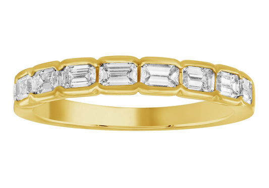 This Fashion Ring is available in 14K Yellow Gold. There are a total of 9 stones. There are Emerald Cut with a total carat weight of 0.93 set in a Bezel Set setting.