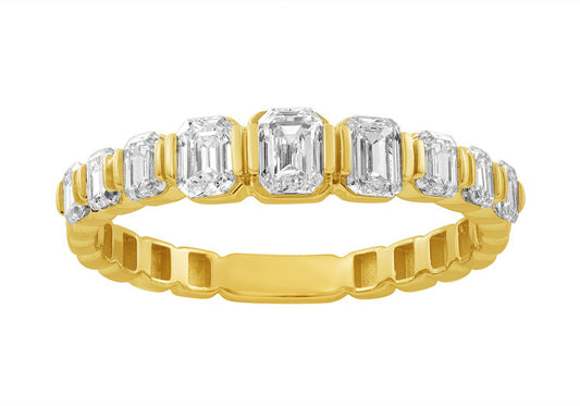 This Fashion Ring is available in 14K Yellow Gold. There are a total of 9 stones. There are Emerald Cut with a total carat weight of 1 set in a Bezel Set setting.