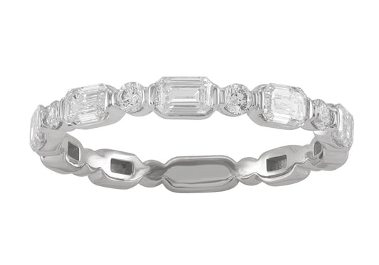 This Fashion Ring is available in 14K White Gold. There are a total of 9 stones. There are Emerald Cut with a total carat weight of 0.74 set in a Bezel Set setting.There are Rounds stones with a total carat weight of 0.12 set in a Bezel Set.