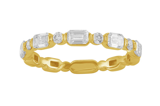 This Fashion Ring is available in 14K Yellow Gold. There are a total of 9 stones. There are Emerald Cut with a total carat weight of 0.74 set in a Bezel Set setting.There are Rounds stones with a total carat weight of 0.12 set in a Bezel Set.