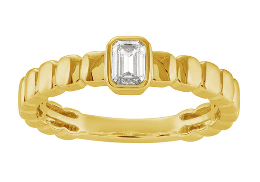 This Fashion Ring is available in 14K Yellow Gold. There are a total of 1 stones. There are Emerald Cut with a total carat weight of 0.26 set in a Bezel Set setting.