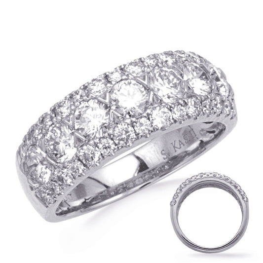 This Fashion Ring is available in 14K White Gold. There are a total of 37 stones. There are Rounds with a total carat weight of 2.08 set in a Channel Set|Micro Prong setting.