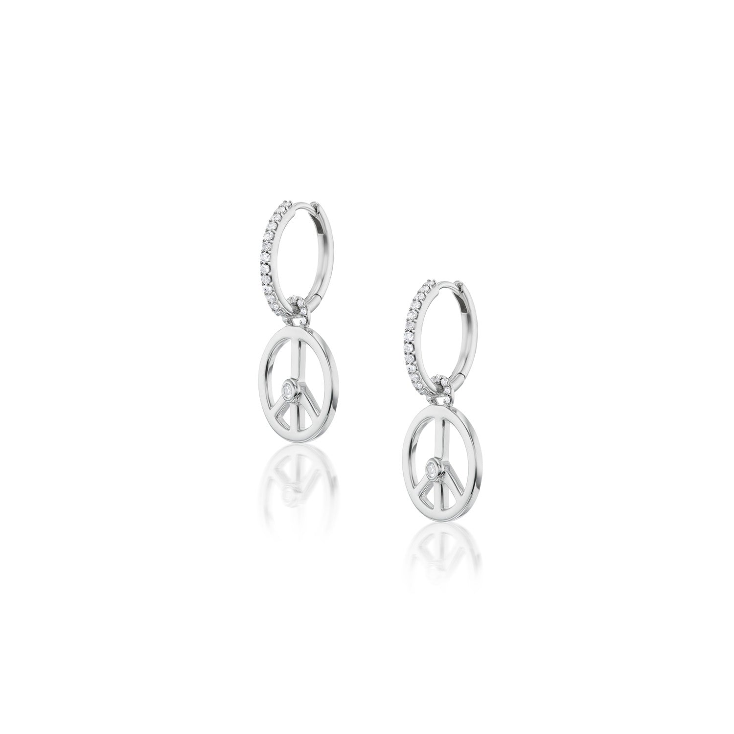 Peace Sign Charm Drops on Diamond Huggie Hoop Earrings