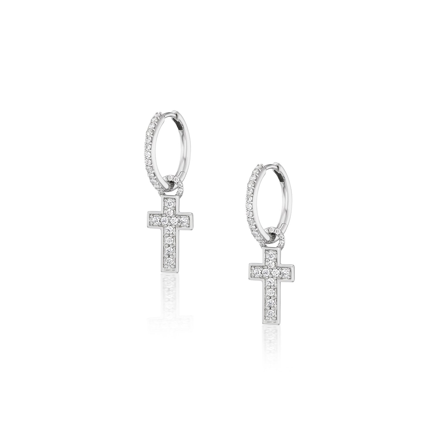 Diamond Cross Charm on Diamond Huggie Earrings