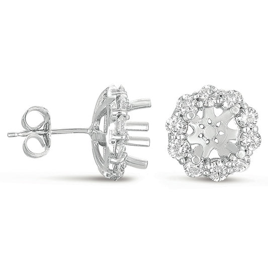 This Earring is available in 14K White Gold. There are a total of 26 stones. There are Rounds with a total carat weight of 0.56 set in a setting.
