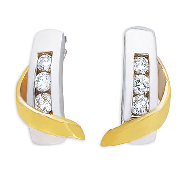 This Earring is available in 14K Yellow & White Gold. There are a total of 6 stones. There are Rounds with a total carat weight of 0.21 set in a setting.