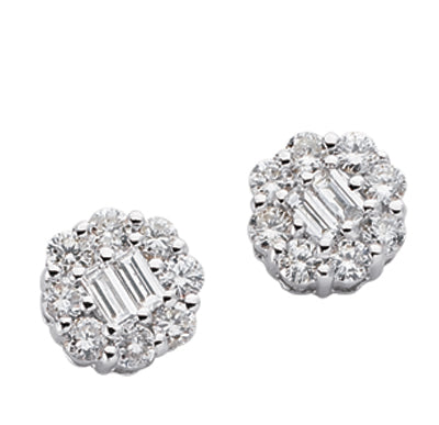 This Earring is available in 14K White Gold. There are a total of 20 stones. There are Baguette with a total carat weight of 0.11 set in a Prong Set setting.There are Rounds stones with a total carat weight of 0.36 set in a Prong Set.