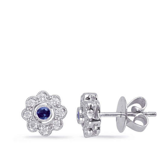 This Earring is available in 14K White Gold. There are a total of 18 stones. There are Rounds with a total carat weight of 0.2 set in a setting.There are Sapphire stones with a total carat weight of 0.13 set in a .