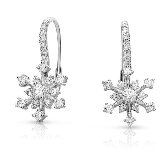 This Earring is available in 14K White Gold. There are a total of 40 stones. There are Rounds with a total carat weight of 0.94 set in a Prong Set setting.