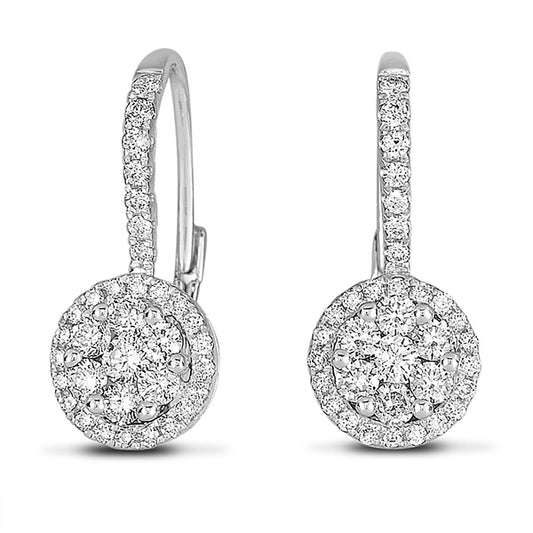 This Earring is available in 14K White Gold. There are a total of 68 stones. There are Rounds with a total carat weight of 0.63 set in a Micro Prong|Prong Set setting.