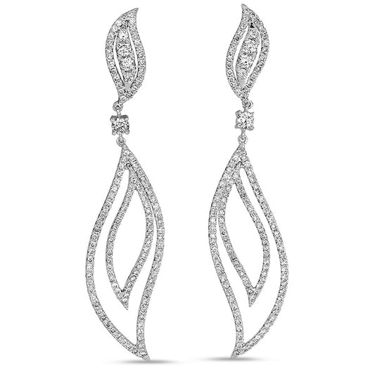This Earring is available in 14K White Gold. There are a total of 258 stones. There are Rounds with a total carat weight of 1.34 set in a setting.