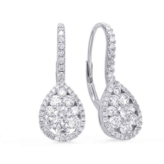This Earring is available in 14K White Gold. There are a total of 90 stones. There are Rounds with a total carat weight of 1.28 set in a Micro Prong|Prong Set setting.