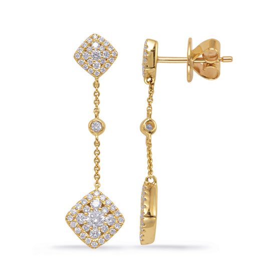This Earring is available in 14K Yellow Gold. There are a total of 110 stones. There are Rounds with a total carat weight of 0.7 set in a Bezel Set|Micro Prong setting.