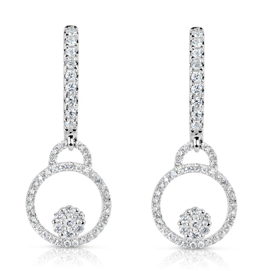 This Earring is available in 14K White Gold. There are a total of 104 stones. There are Rounds with a total carat weight of 0.49 set in a Micro Prong setting.