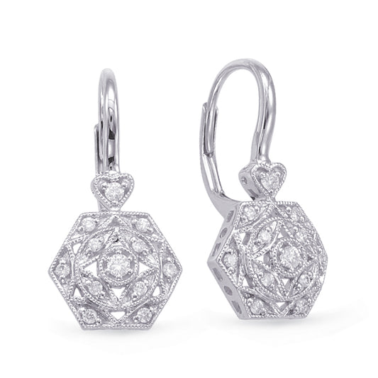 This Earring is available in 14K White Gold. There are a total of 24 stones. There are Rounds with a total carat weight of 0.21 set in a Micro Pave setting.