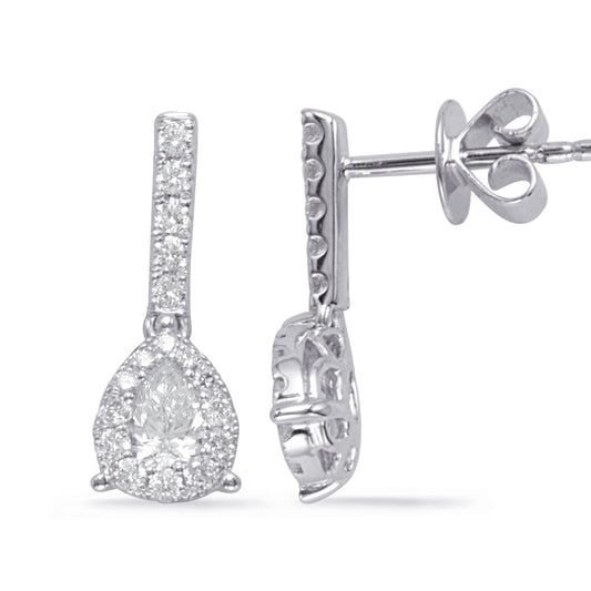This Earring is available in 14K White Gold. There are a total of 36 stones. There are Pear Shape with a total carat weight of 0.34 set in a Channel Set|Micro Prong setting.There are Rounds stones with a total carat weight of 0.29 set in a Channel Set|Micro Prong.