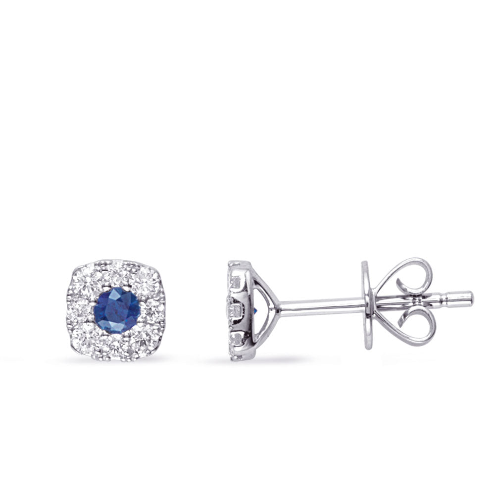This Earring is available in 14K White Gold. There are a total of 18 stones. There are Rounds with a total carat weight of 0.25 set in a Micro Prong setting.There are Sapphire stones with a total carat weight of 0.23 set in a Micro Prong.