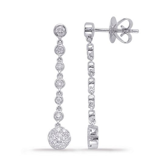 This Earring is available in 14K White Gold. There are a total of 32 stones. There are Rounds with a total carat weight of 0.74 set in a Bezel Set|Micro Prong setting.