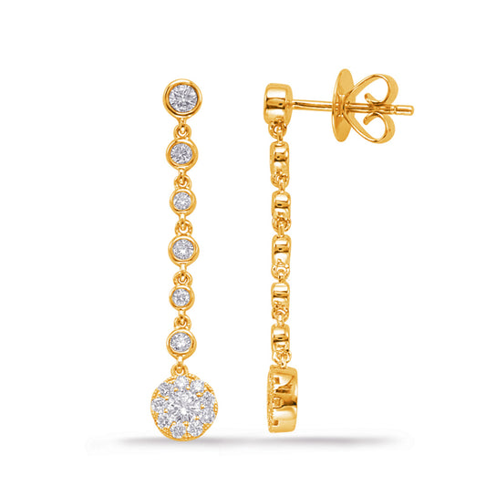 This Earring is available in 14K Yellow Gold. There are a total of 32 stones. There are Rounds with a total carat weight of 0.74 set in a Bezel Set|Micro Prong setting.