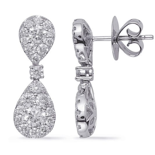 This Earring is available in 14K White Gold. There are a total of 46 stones. There are Rounds with a total carat weight of 2.06 set in a Prong Set setting.
