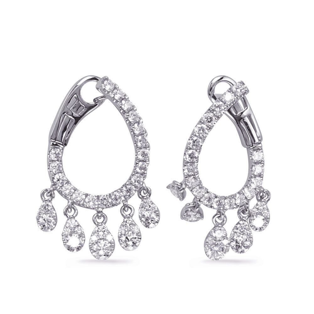 This Earring is available in 14K White Gold. There are a total of 76 stones. There are Rounds with a total carat weight of 1.41 set in a Bezel Set|Micro Prong setting.