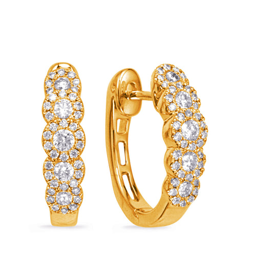 This Earring is available in 14K Yellow Gold. There are a total of 86 stones. There are Rounds with a total carat weight of 0.48 set in a Bezel Set|Micro Prong setting.