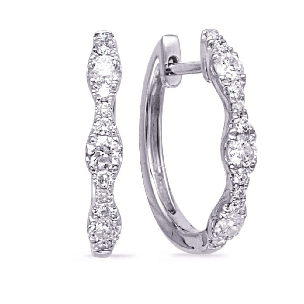 This Earring is available in 14K White Gold. There are a total of 24 stones. There are Rounds with a total carat weight of 0.54 set in a Prong Set setting.