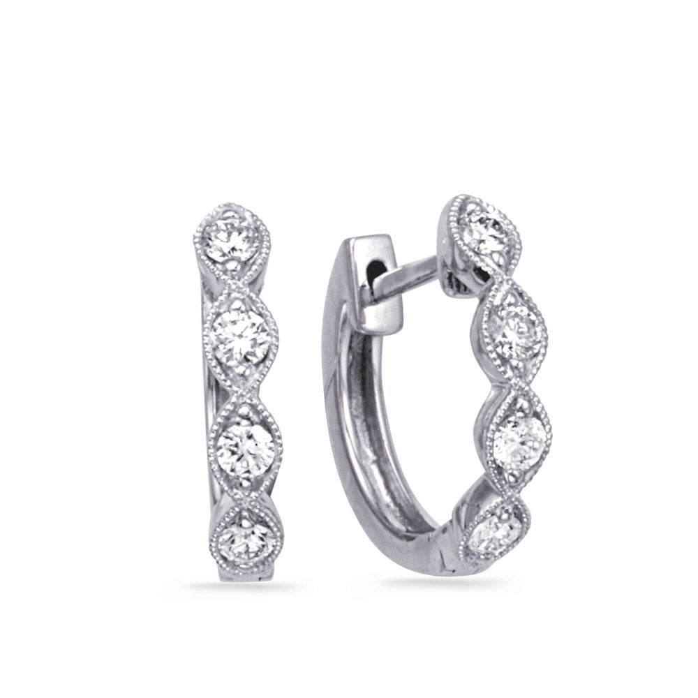 This Earring is available in 14K White Gold. There are a total of 8 stones. There are Rounds with a total carat weight of 0.24 set in a Micro Prong setting.