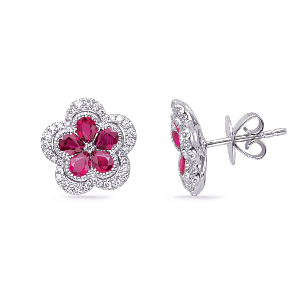 This Earring is available in 14K White Gold. There are a total of 82 stones. There are Rounds with a total carat weight of 0.33 set in a setting.There are Ruby stones with a total carat weight of 1.78 set in a .