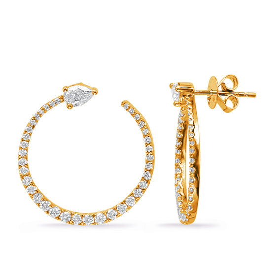 This Earring is available in 14K Yellow Gold. There are a total of 74 stones. There are Pear Shape with a total carat weight of 0.5 set in a Prong Set setting.There are Rounds stones with a total carat weight of 1.03 set in a Prong Set.