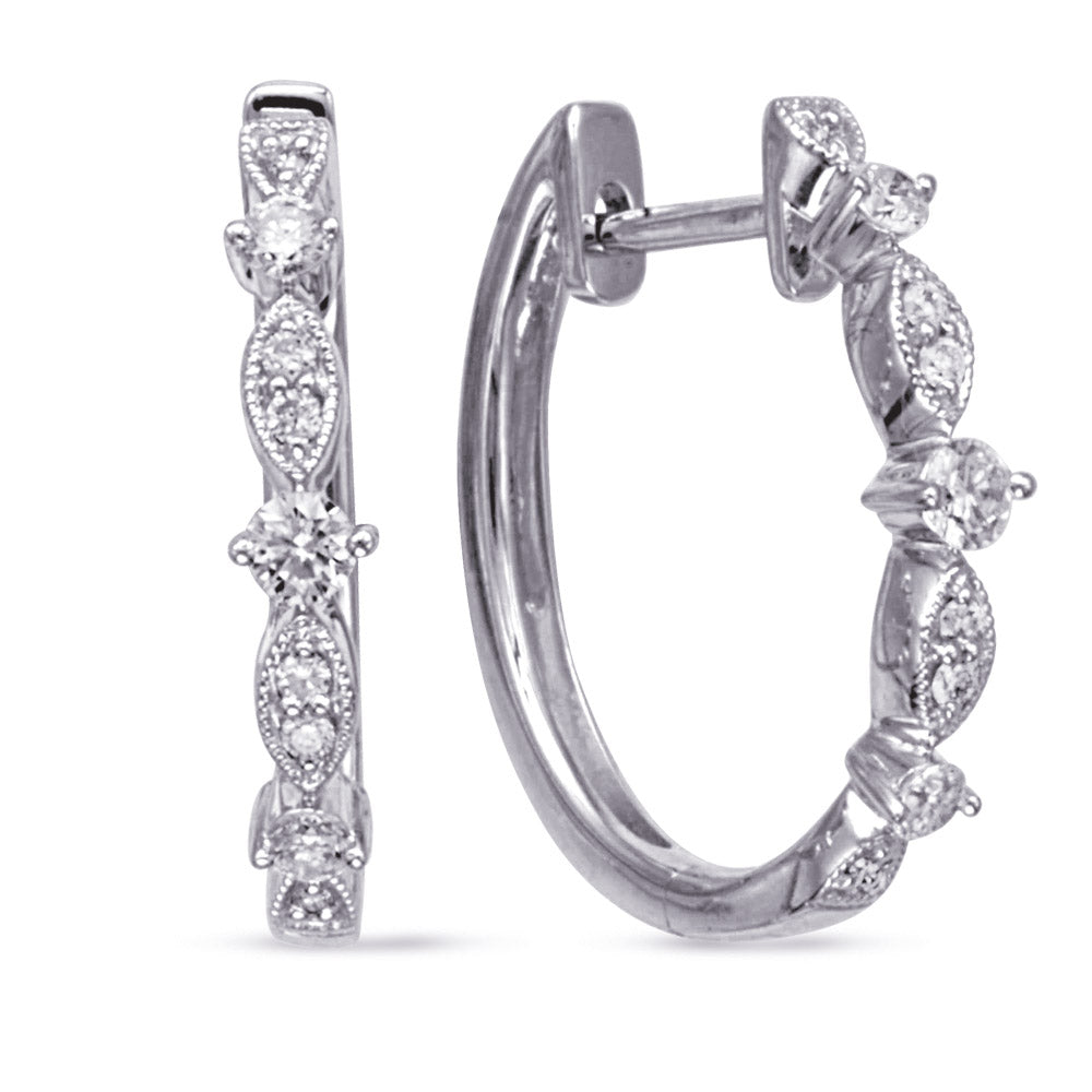 This Earring is available in 14K White Gold. There are a total of 18 stones. There are Rounds with a total carat weight of 0.27 set in a Micro Prong|Prong Set|Shared Prongs setting.