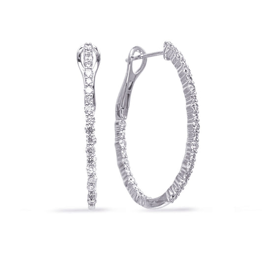 This Earring is available in 14K White Gold. There are a total of 58 stones. There are Rounds with a total carat weight of 1.12 set in a Prong Set setting.
