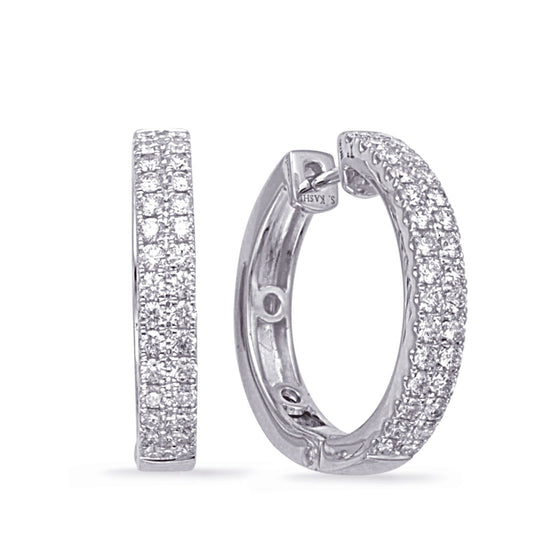 This Earring is available in 14K White Gold. There are a total of 60 stones. There are Rounds with a total carat weight of 0.77 set in a Prong Set setting.
